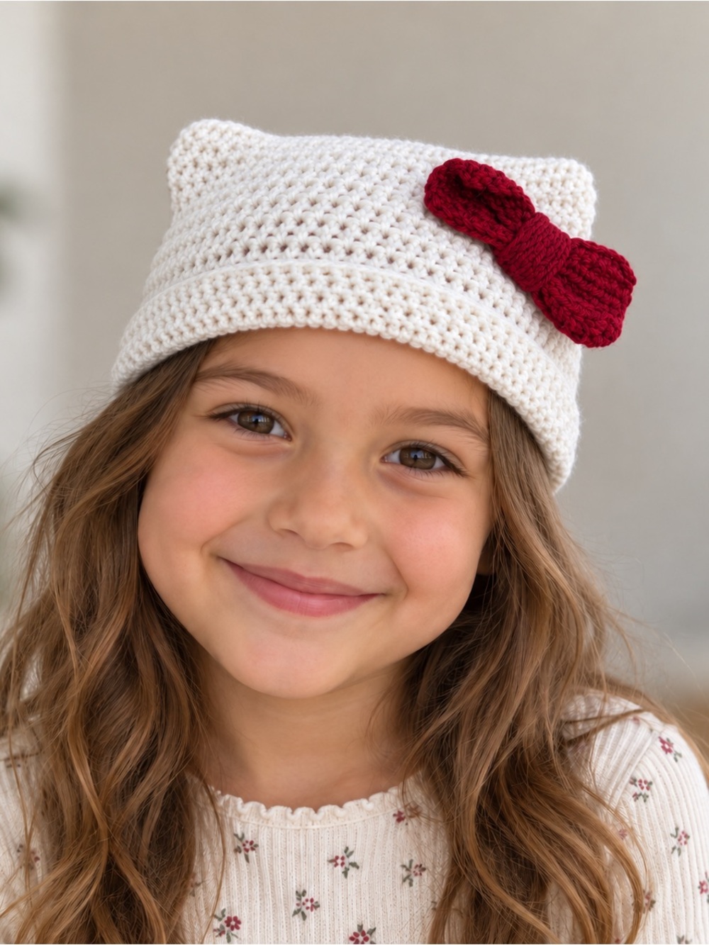 Handmade Crochet Hello Kitty Inspired Hat with Red Bow & Cat Ears